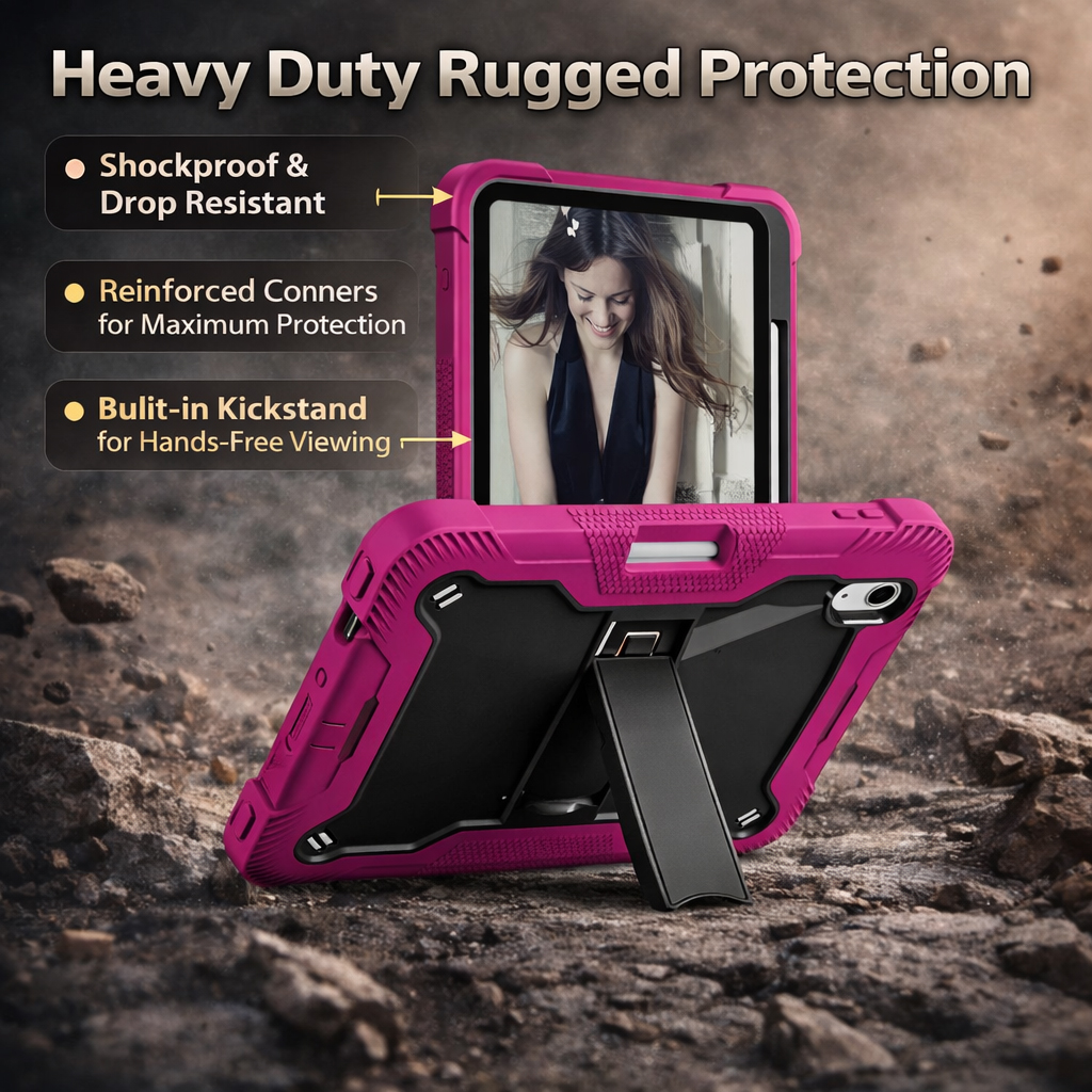 TOZIZO Rose Pink Protective iPad 10th Gen Case – 3-Layer Hybrid Tablet Cover with Kickstand