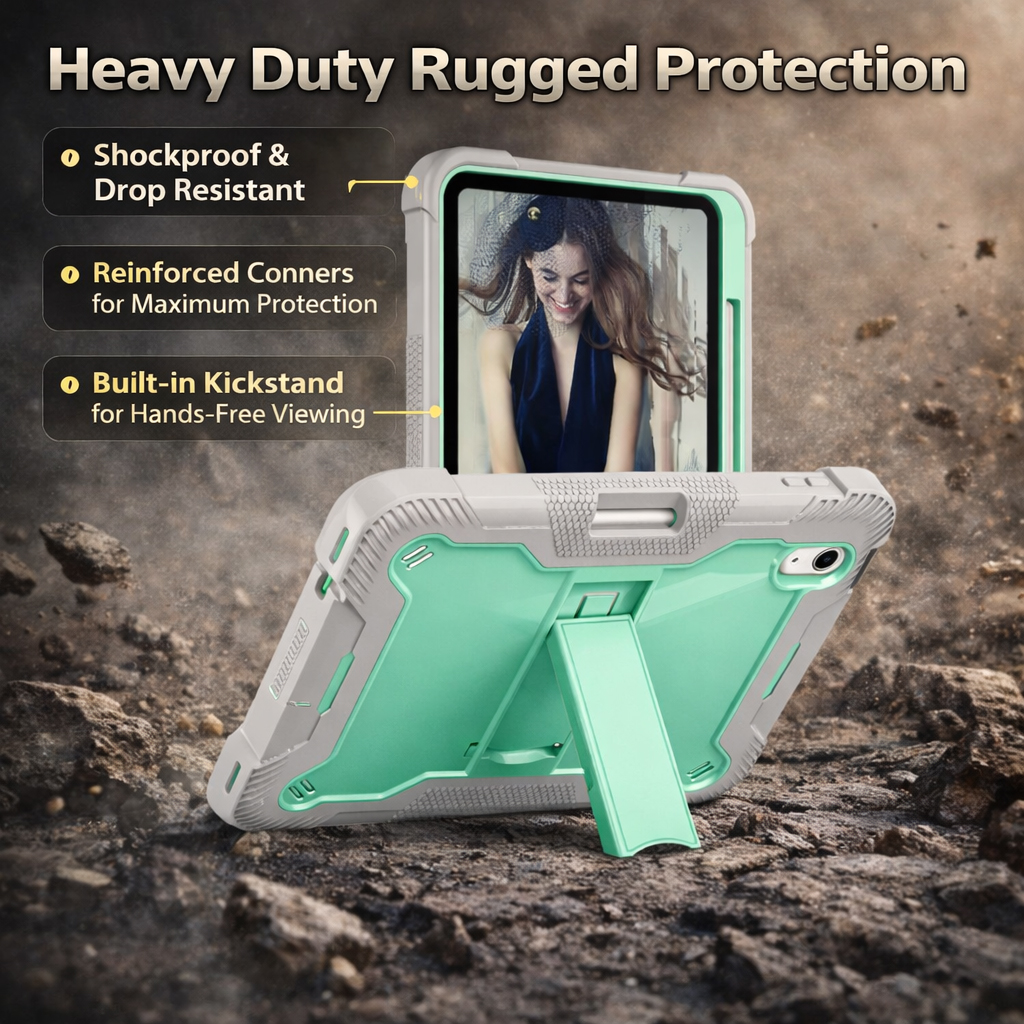 TOZIZO Mint Green Heavy Duty Rugged iPad 10th Case with Kickstand & Full Body Protection