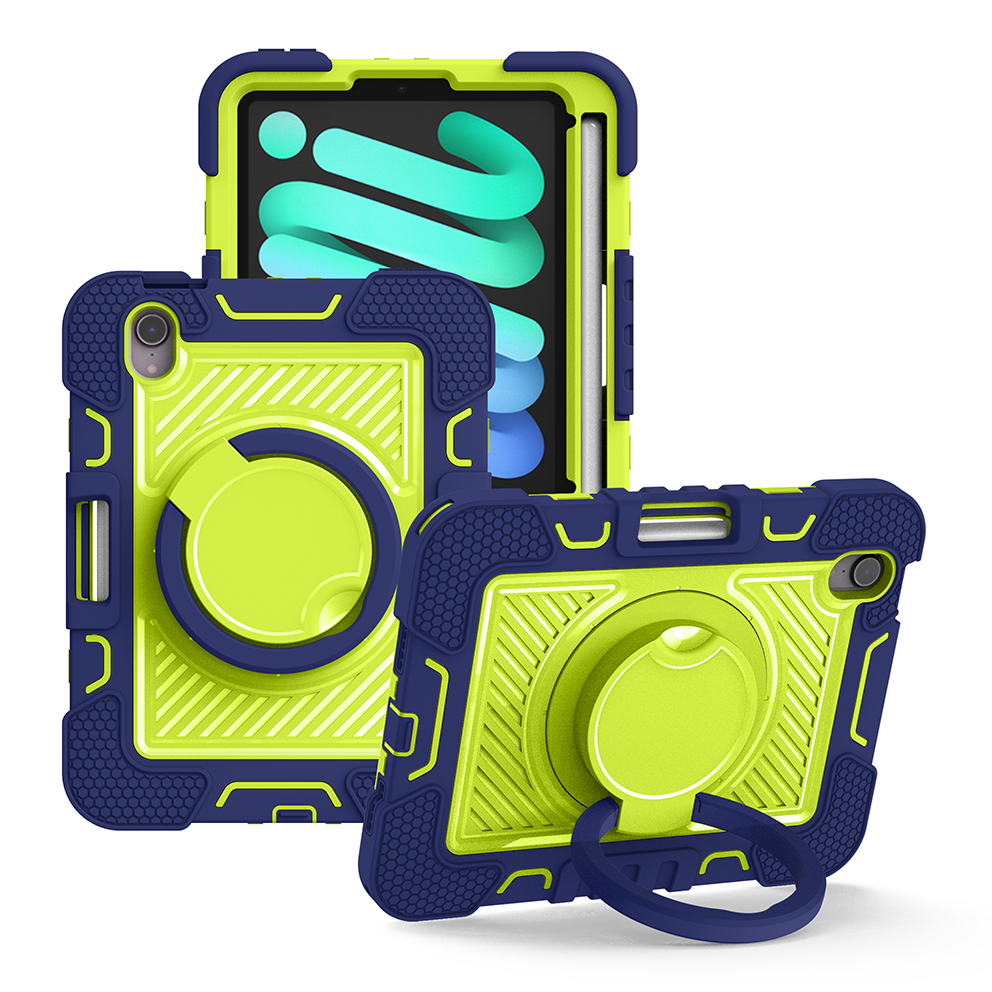 TOZIZO Heavy Duty Rugged iPad Mini 6 Tablet Case with 360° Rotating Ring - Navy Blue + Yellow-Green