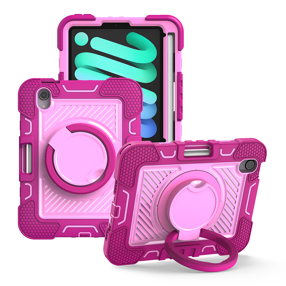 TOZIZO Rugged Rose Red + Pink iPad Mini 6 Case with 360° Rotating Ring Kickstand