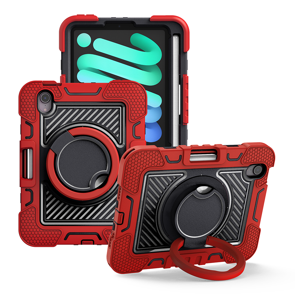 TOZIZO Rugged iPad Mini 6 Tablet Case - Red & Black, Shockproof with Kickstand and Grip Ring