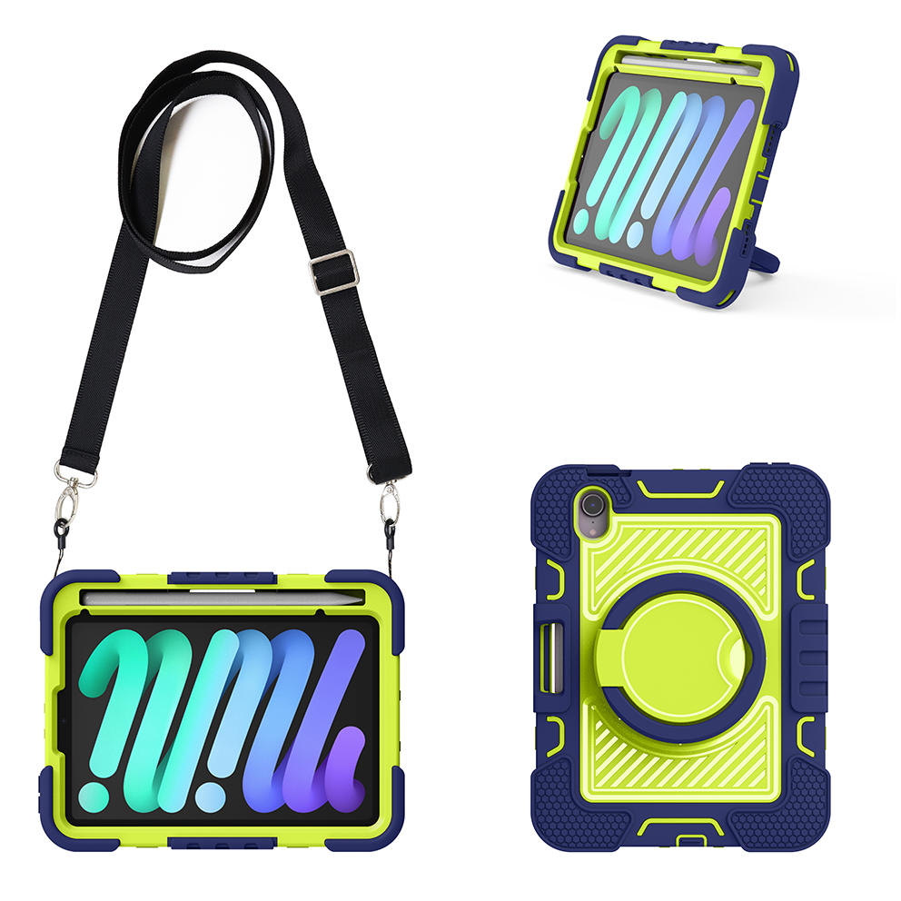 TOZIZO Rugged iPad Mini 7 Tablet Case with 360° Rotating Kickstand - Navy Blue & Yellow-Green