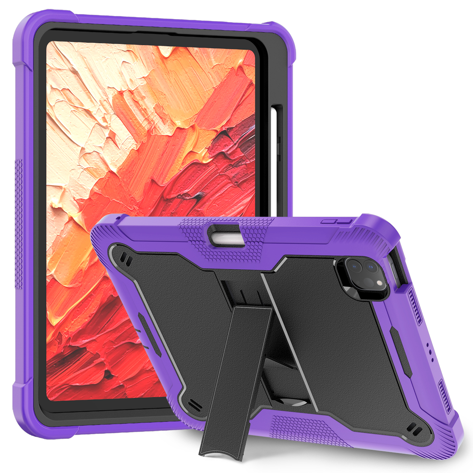 TOZIZO Silicone iPad Pro 11 Tablet Case (2024) 3 Layers Heavy Duty Rugged Shockproof Cover with Multi Angle Kickstand – Purple Black
