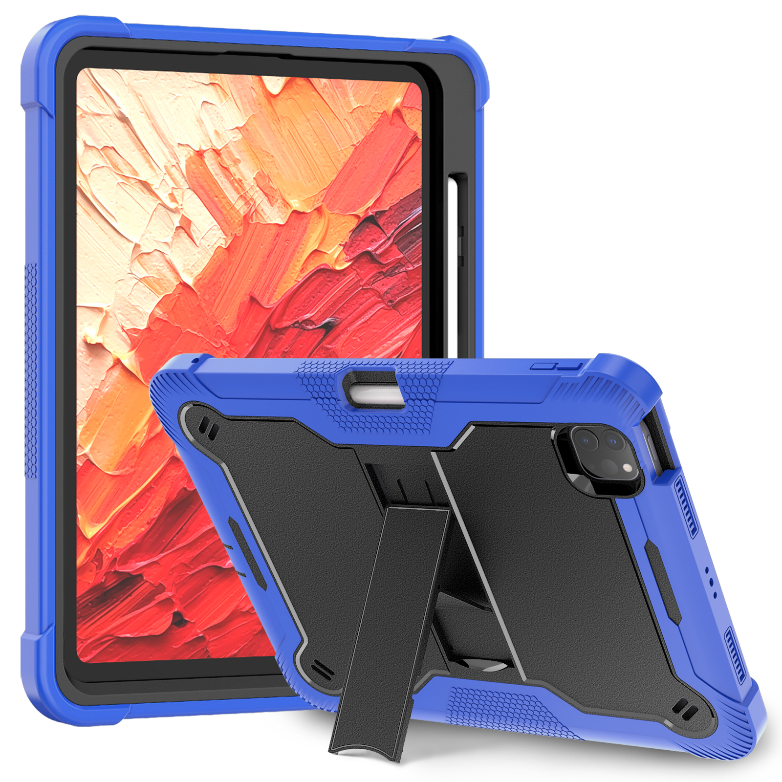 TOZIZO iPad Pro 11 (2024) Heavy Duty Rugged Tablet Case with Kickstand – 3 Layer Shockproof Full Body Protective Silicone PC Cover Dark Blue Black