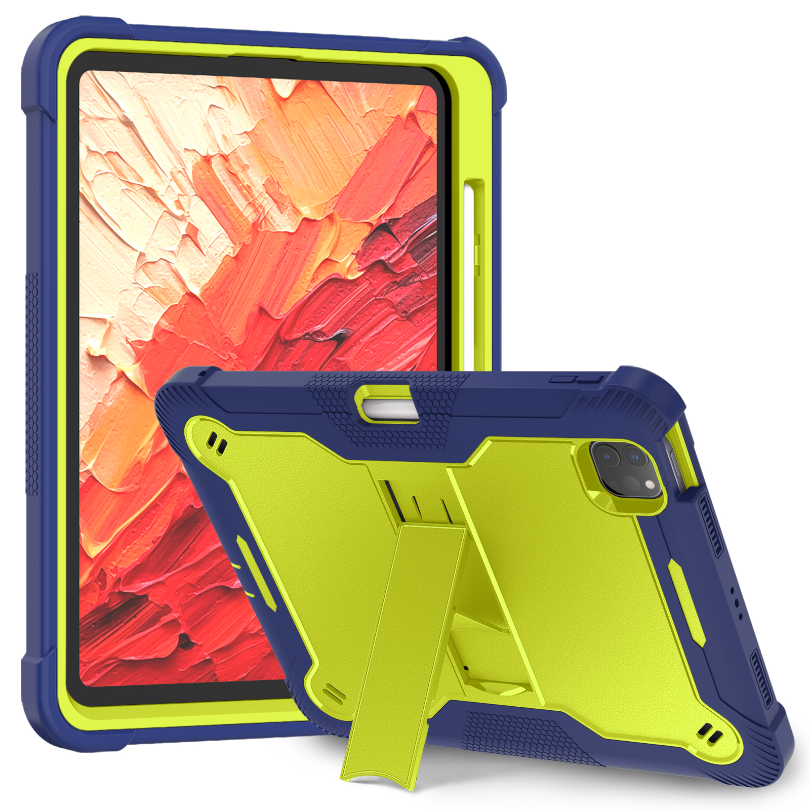 TOZIZO Full Body Protective iPad Pro 11 (2024) Rugged Tablet Case Shockproof PC + Silicone Cover with Kickstand – Yellow Green Navy Blue