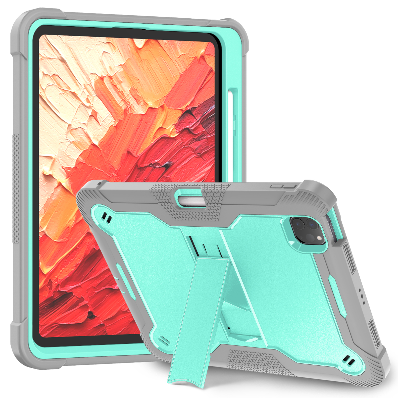 TOZIZO Mint Green & Gray Rugged iPad Pro 11 Tablet Case with Kickstand and Pen Holder