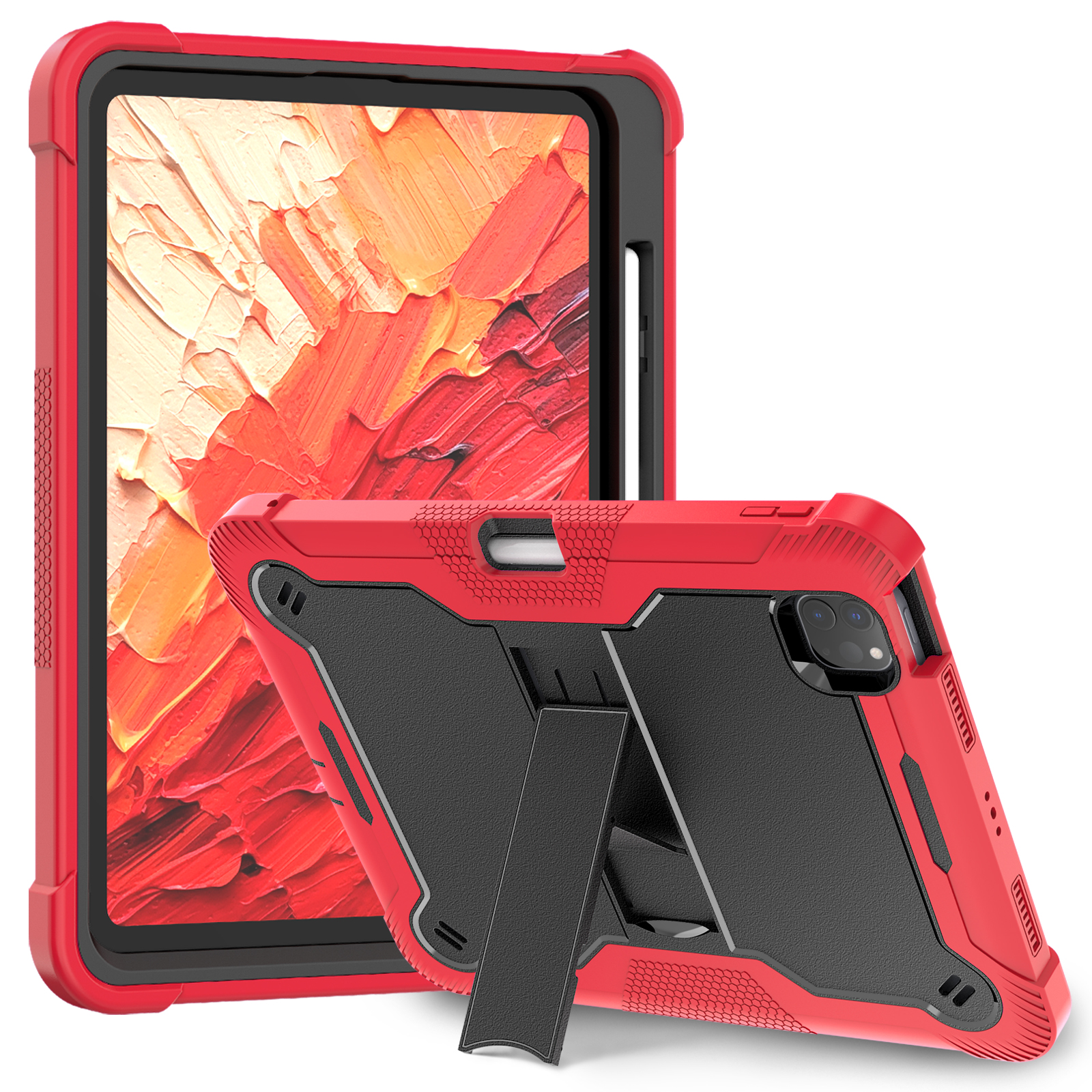 TOZIZO Red and Black heavy duty rugged iPad Pro 11 tablet case with triple-layer protection