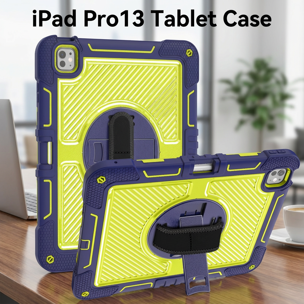 TOZIZO Heavy Duty Shockproof Case for iPad Pro 13 2024 with Kickstand, Hand Strap & Shoulder Strap - Navy Blue + Yellow-Green