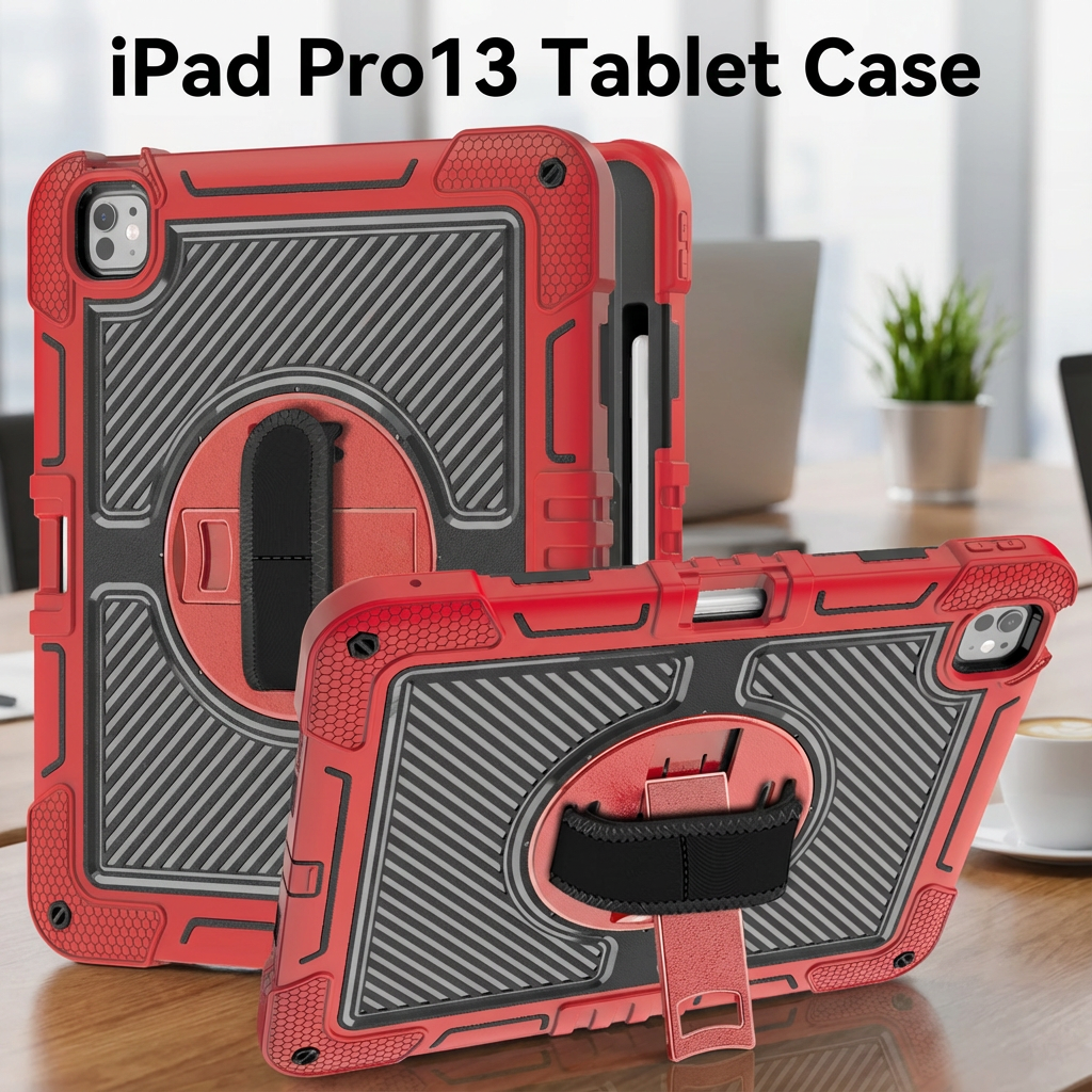 TOZIZO Rugged iPad Pro 13 2024 Case with 360° Rotating Kickstand & Strap – Red + Black Shockproof Cover