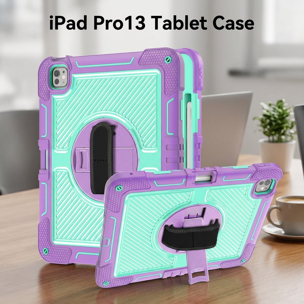 TOZIZO 360° Rotating Rugged Tablet Case for iPad Pro 13 2024 – Purple Mint Green with Hand & Shoulder Strap