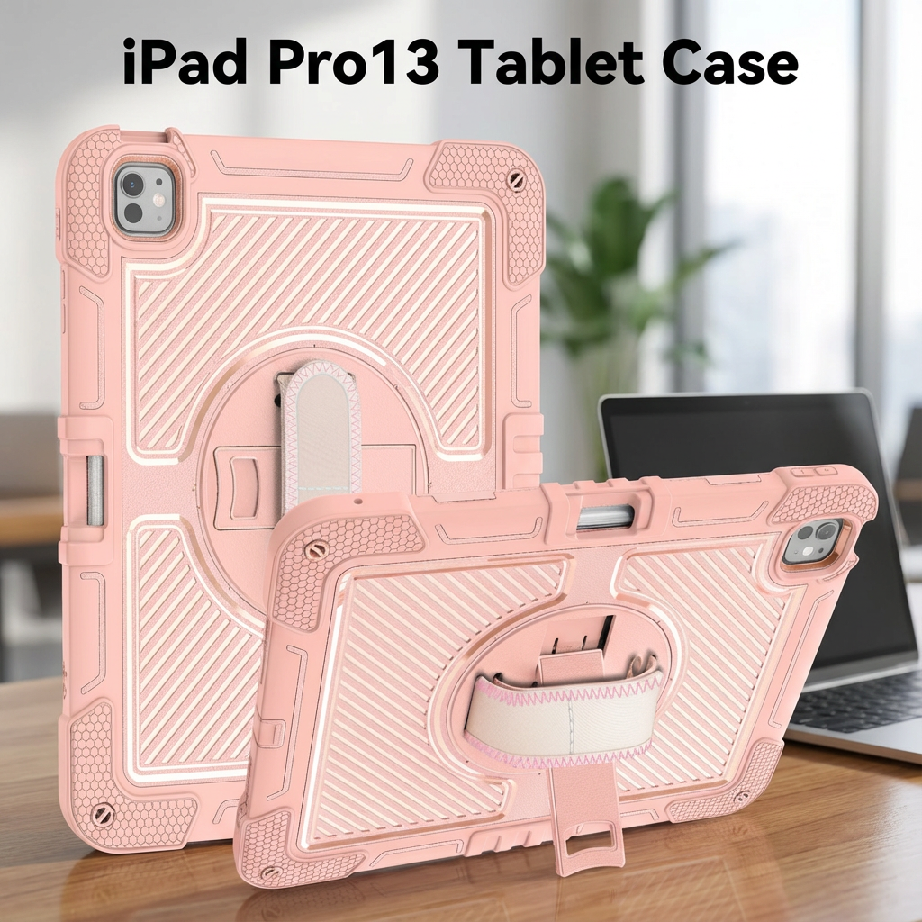 TOZIZO Full Body Shockproof iPad Pro 13 Case 2024 with Kickstand & Strap – Soft Pink Silicone Rugged Cover