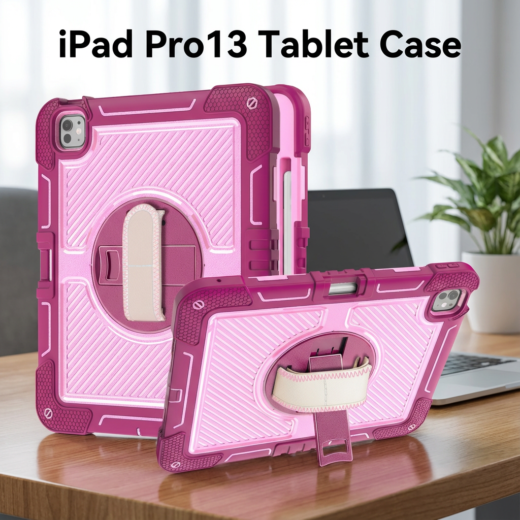TOZIZO Shockproof iPad Pro 13 Case 2024 with Kickstand & Hand Strap – Rose Red and Pink Rugged Cover
