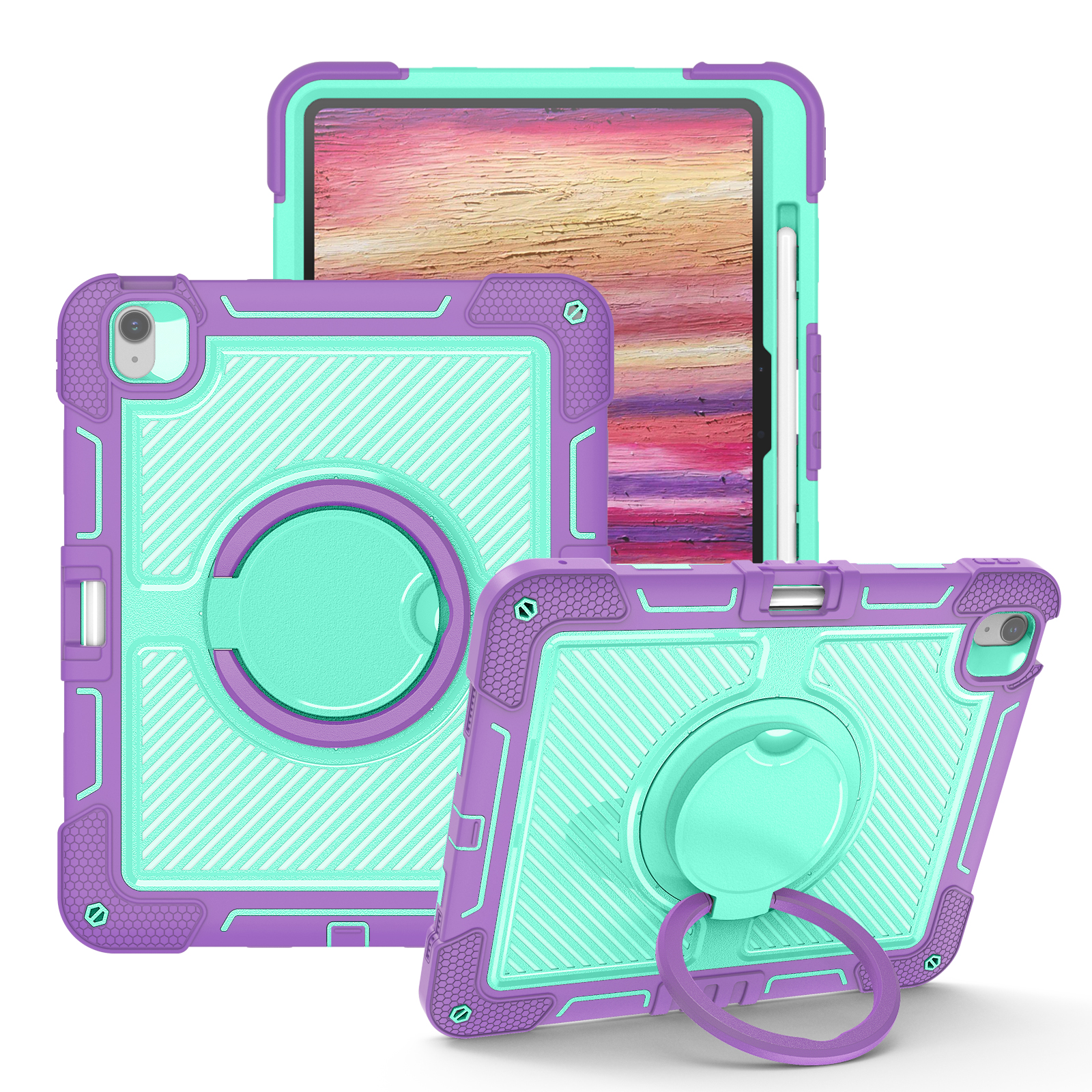 TOZIZO iPad Air 13 Case – Purple & Mint Green 360° Kickstand Silicone Shockproof Cover