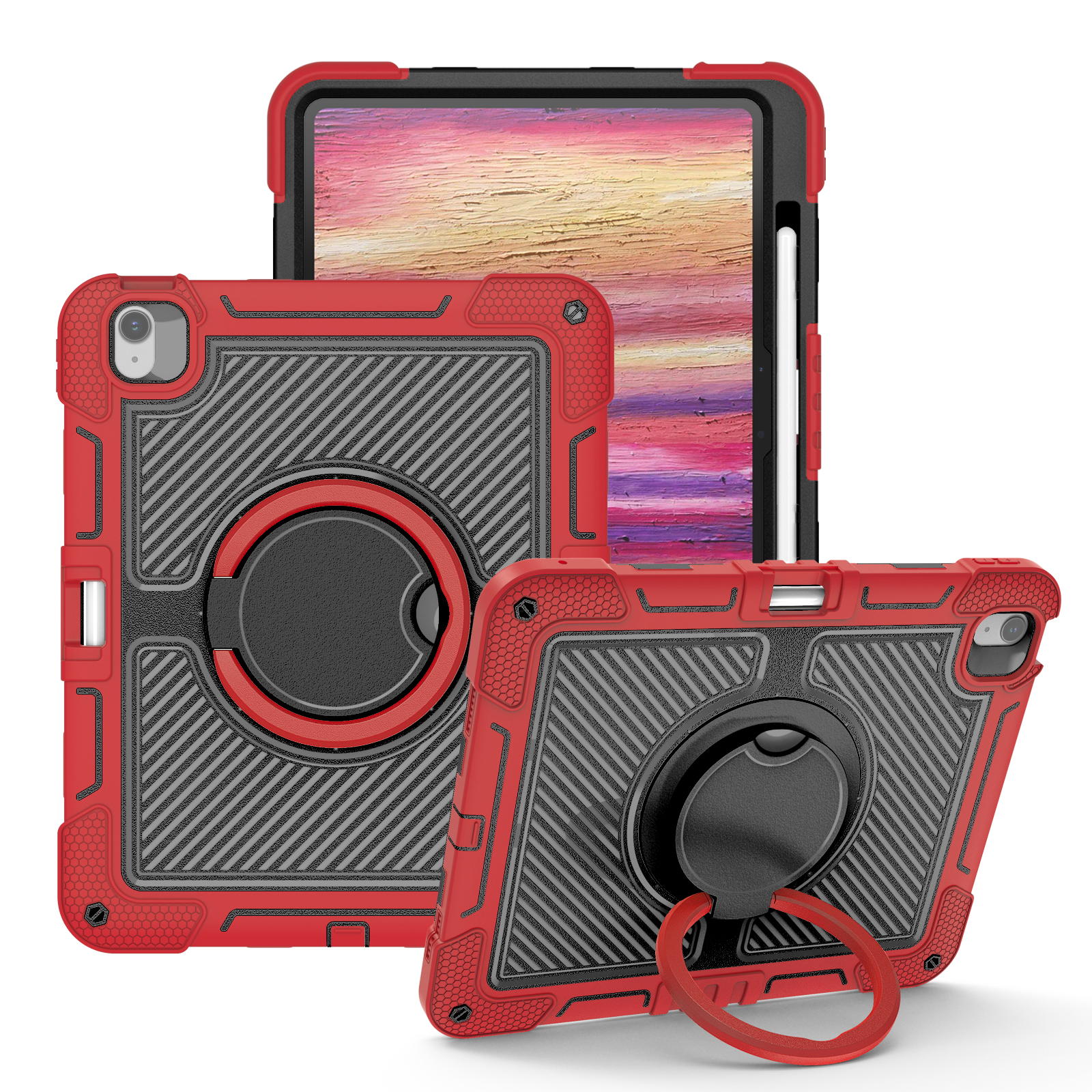 TOZIZO Heavy Duty Shockproof Case for iPad Air 13 – Red & Black with Rotating Ring Kickstand