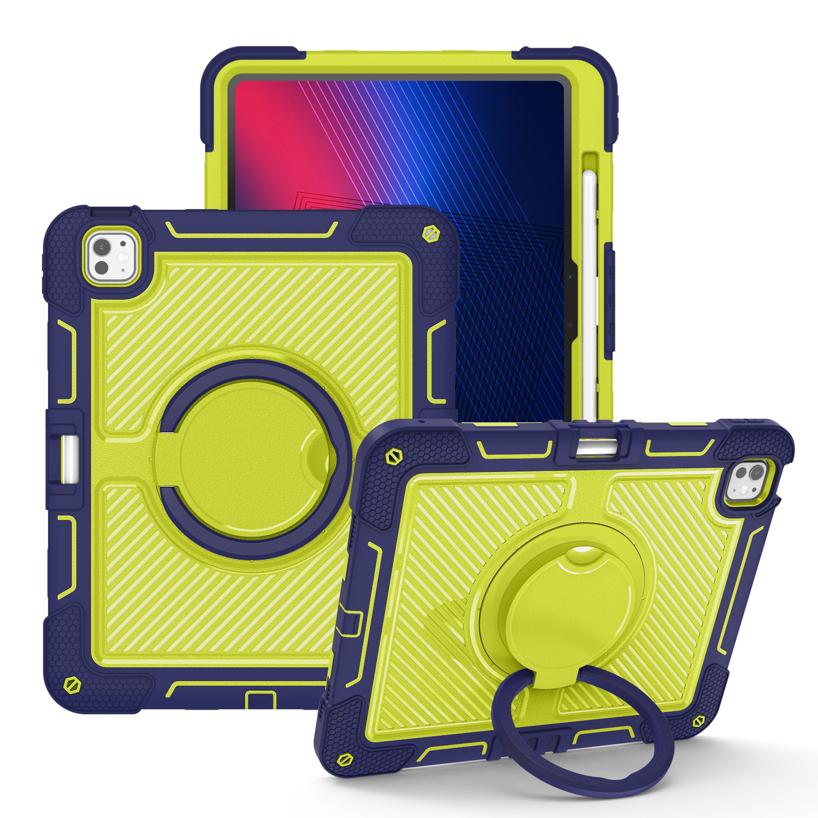TOZIZO Heavy Duty Rugged iPad Pro 13 Case Navy Blue Yellow Green with 360° Ring Stand