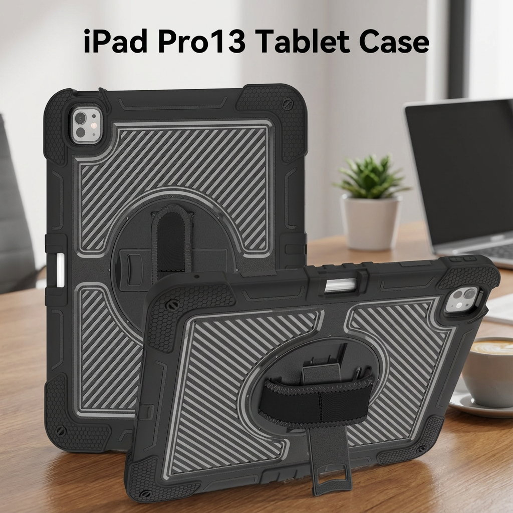 TOZIZO Heavy Duty Rugged Case for iPad Pro 13 2024 – All Black Shockproof Cover with Kickstand & Strap
