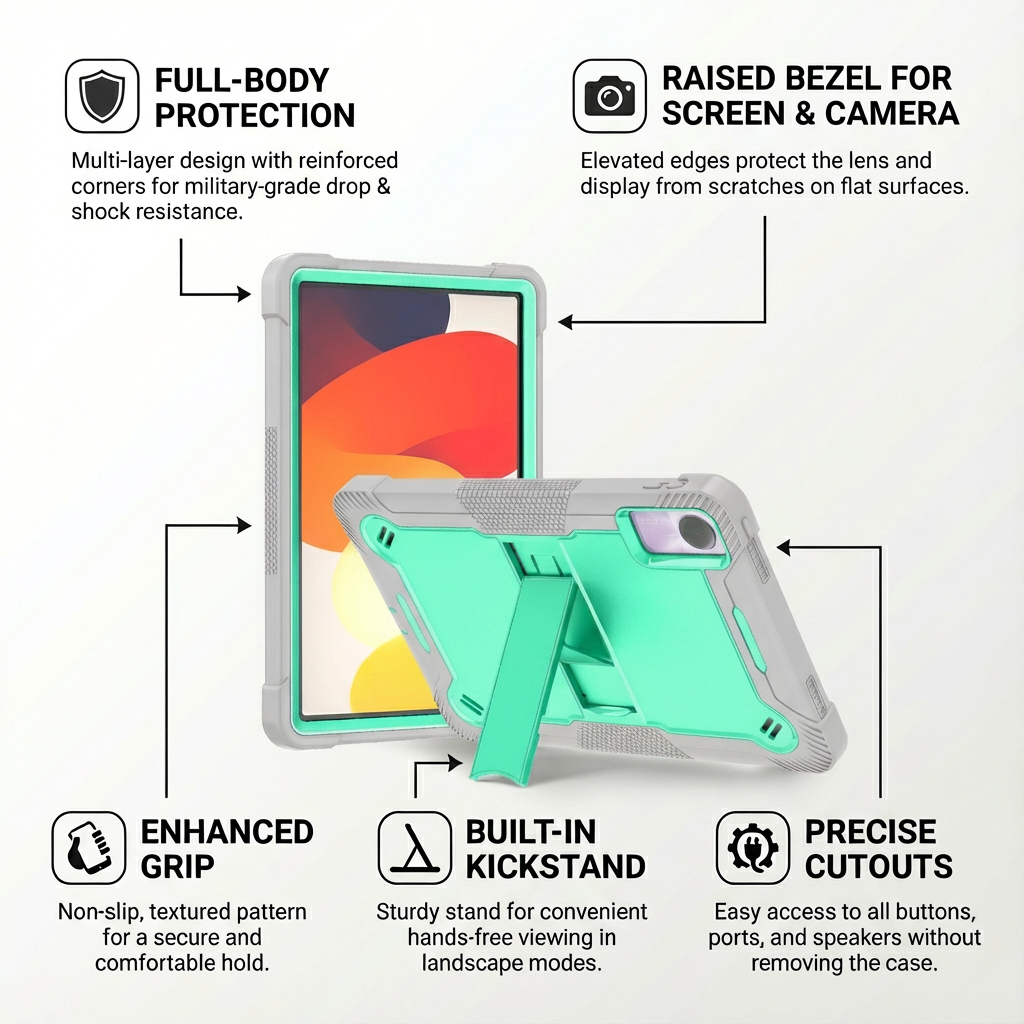 TOZIZO Reinforced Protective Tablet Case for Redmi Pad SE 11'' 2023 – Mint Green Tough Armor with Kickstand