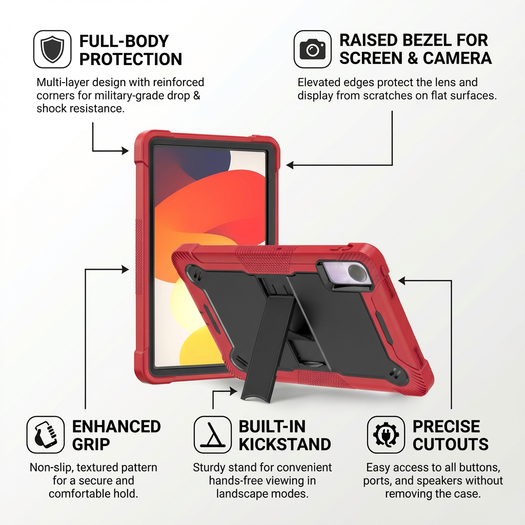 TOZIZO Military-Grade Drop Protection Case for Redmi Pad SE 11'' 2023 – Rugged Stand Cover (Red)