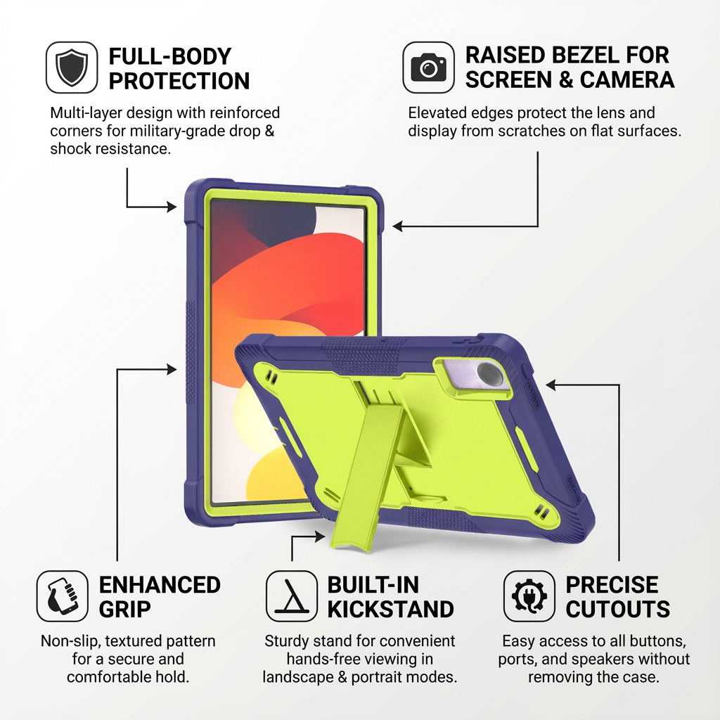 TOZIZO Drop-Proof Armor Tablet Case for Redmi Pad SE 11'' 2023 – Shockproof Stand Tablet Cover (Lime Green)