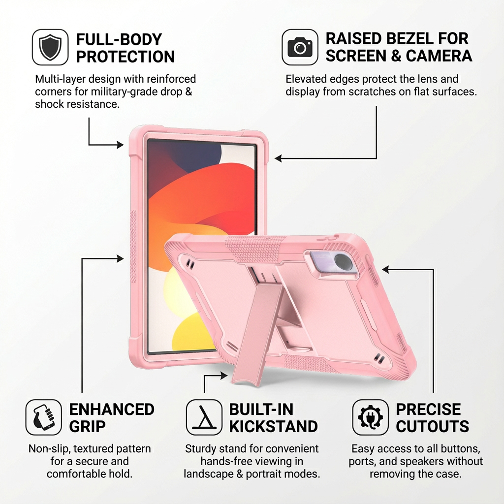 TOZIZO Shockproof Drop-Resistant Tablet Case for Redmi Pad SE 11'' 2023 – Pink Full-Body Rugged Kickstand Tablet Cover