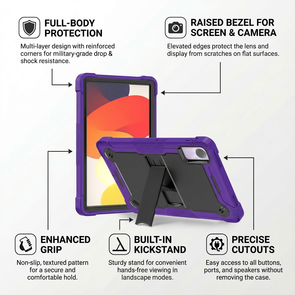 TOZIZO Shock-Absorbing Rugged Case for Redmi Pad SE 11'' 2023 – Armor Stand Cover (Purple)