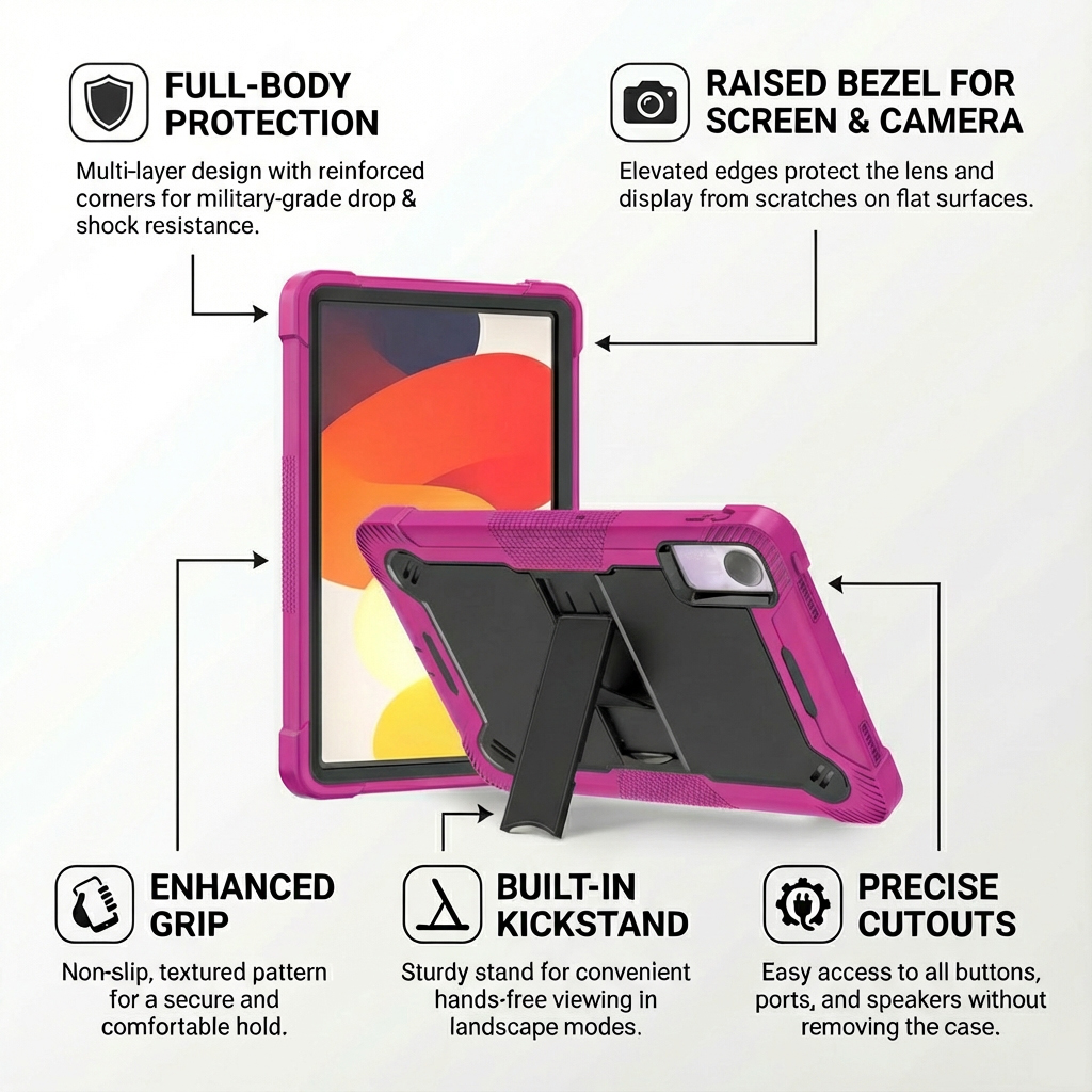 TOZIZO Rugged Shockproof Case for Redmi Pad SE 11'' 2023 – Rose Red Armor Stand Cover