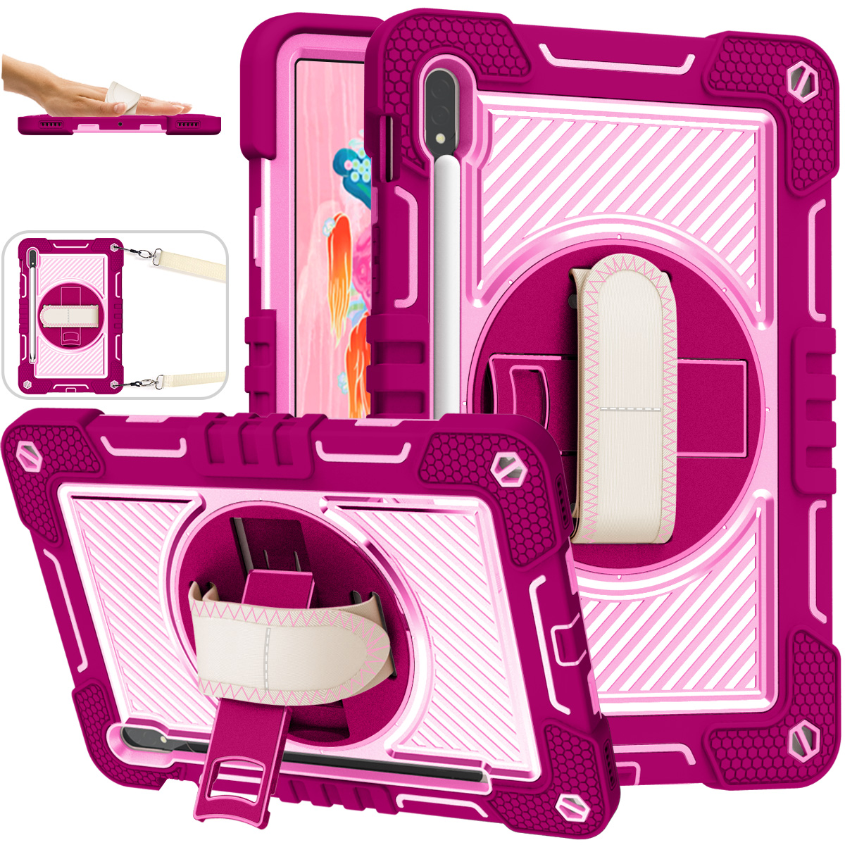 TOZIZO Rose Red + Pink Samsung Tab S10 FE Rugged Case with Hand Strap & Kickstand