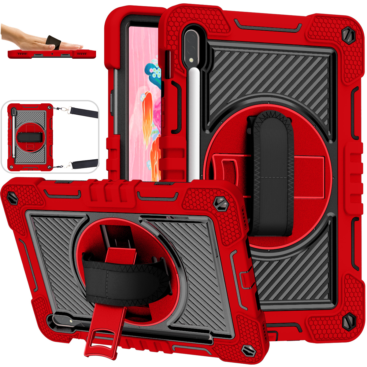 TOZIZO Heavy Duty Shockproof Case for Samsung Tab S10 FE - Red & Black with 360° Kickstand