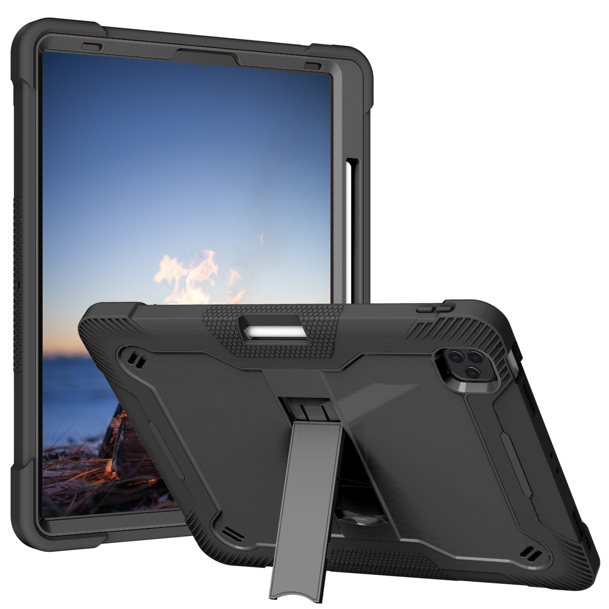 TOZIZO Black Rugged iPad Pro 12.9 Tablet Case Heavy Duty Shockproof Protective Case with Kickstand