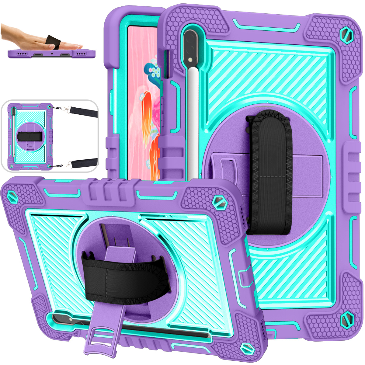 TOZIZO Purple & Mint Green Samsung Tab S10 FE Case with Strap, Kickstand, and Full Protection