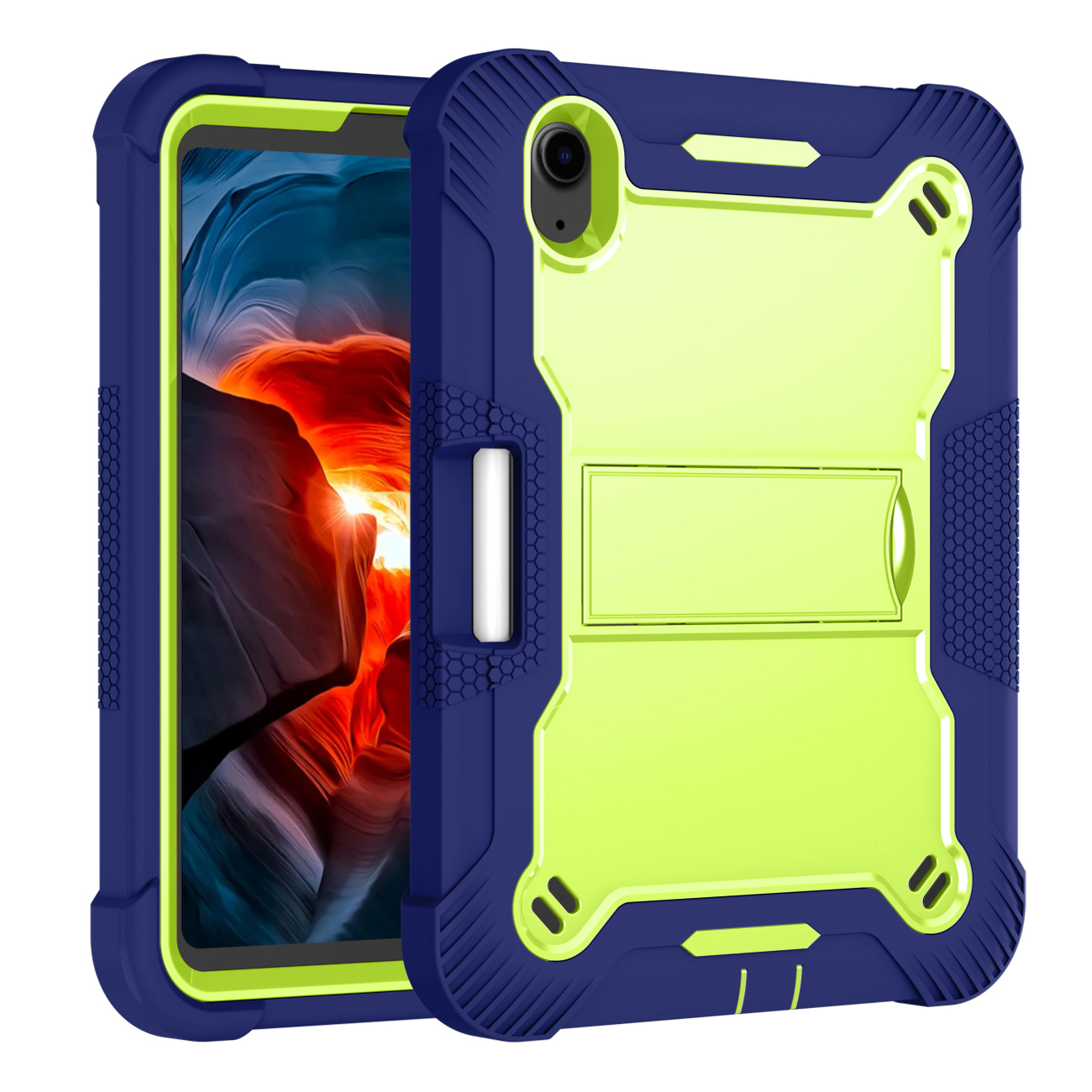 TOZIZO Yellow-Green + Navy Blue iPad Mini 6 Survivor Rugged Case with Multi-Angle Kickstand, Pen Tray – Shockproof Dustproof Cover