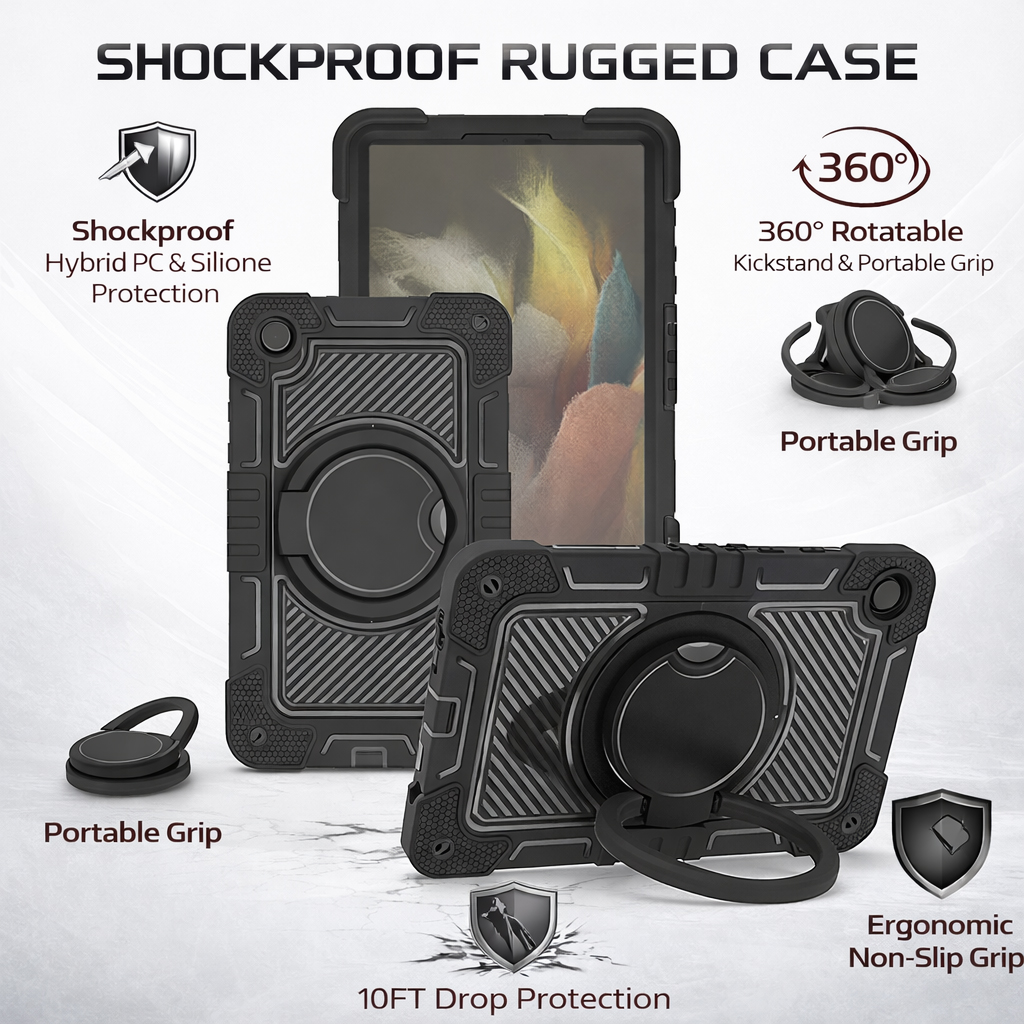 TOZIZO Black Rugged Samsung Tab A9/A11 Case - Military Grade 360° Kickstand Cover