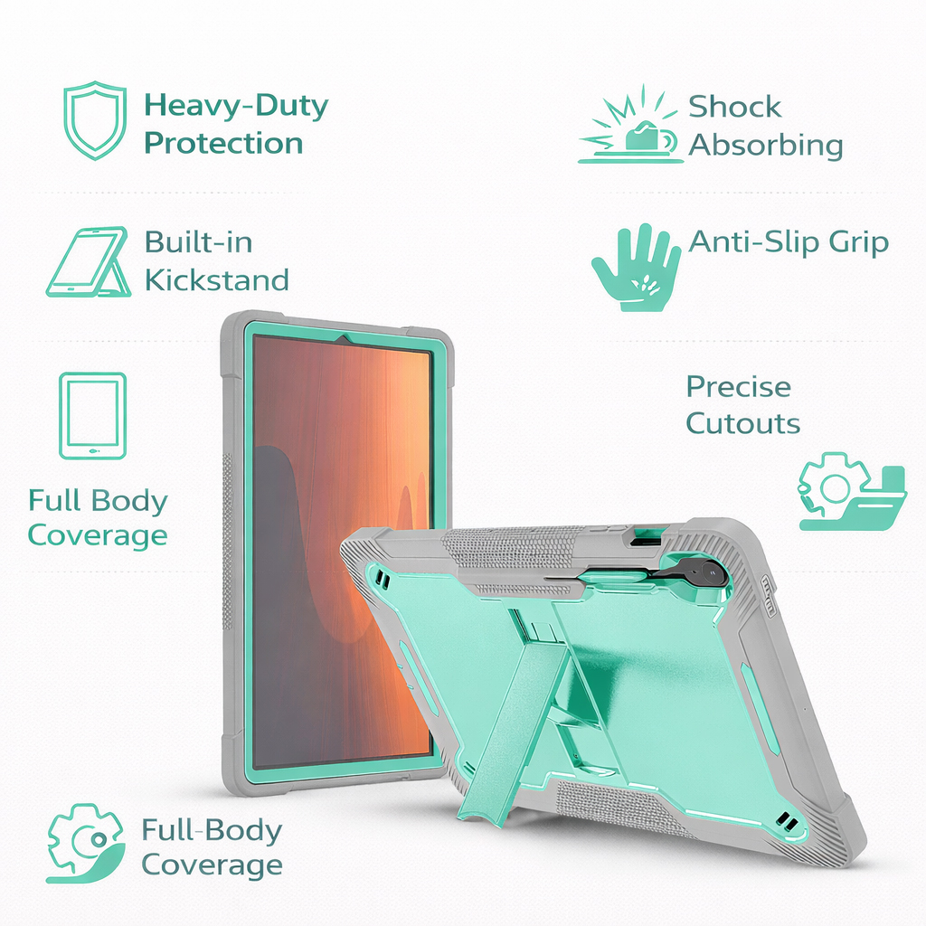 TOZIZO Shockproof Mint Green+Gray Silicone Tablet Case for Samsung Tab S10FE+ with Kickstand & Triple Layer Protection