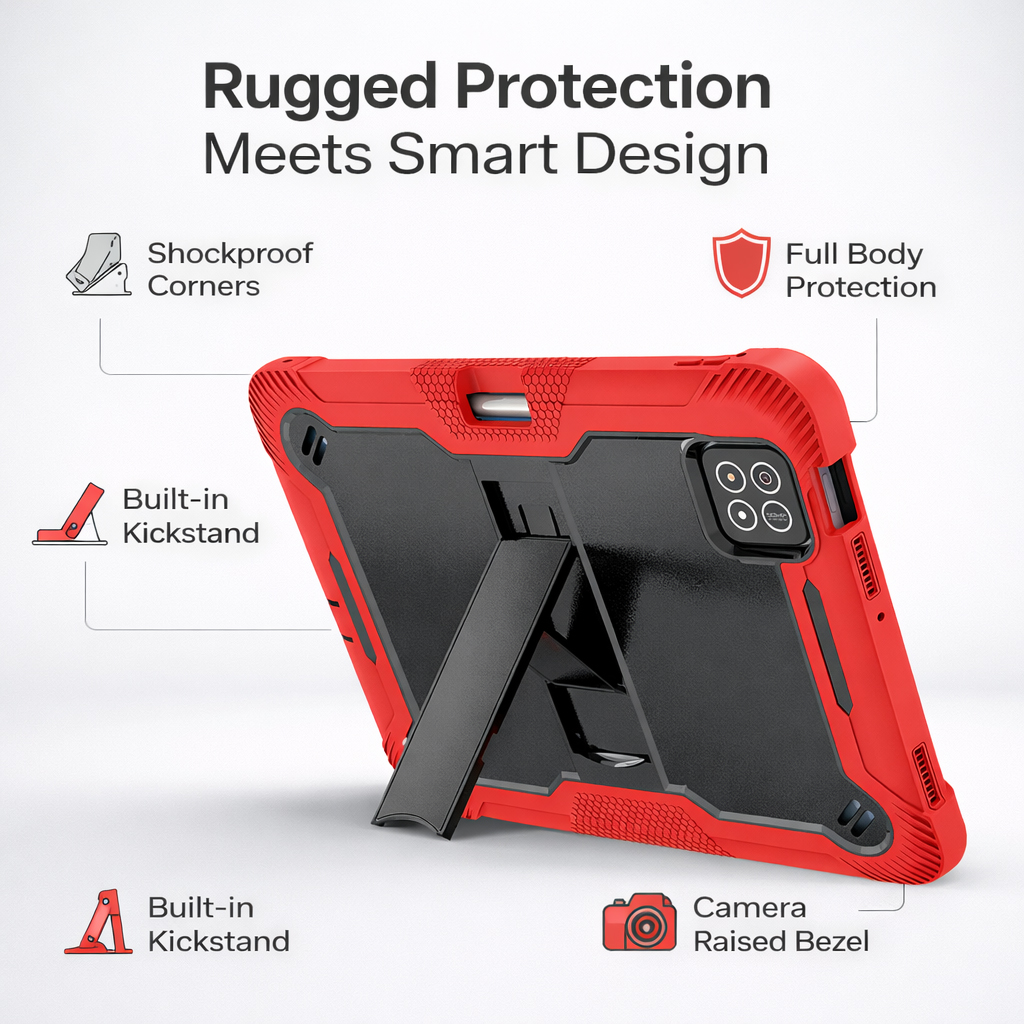 TOZIZO Red Heavy Duty Tablet Case for Xiaomi Poco X1 11.2 – Rugged Kickstand Armor for Kids & Work