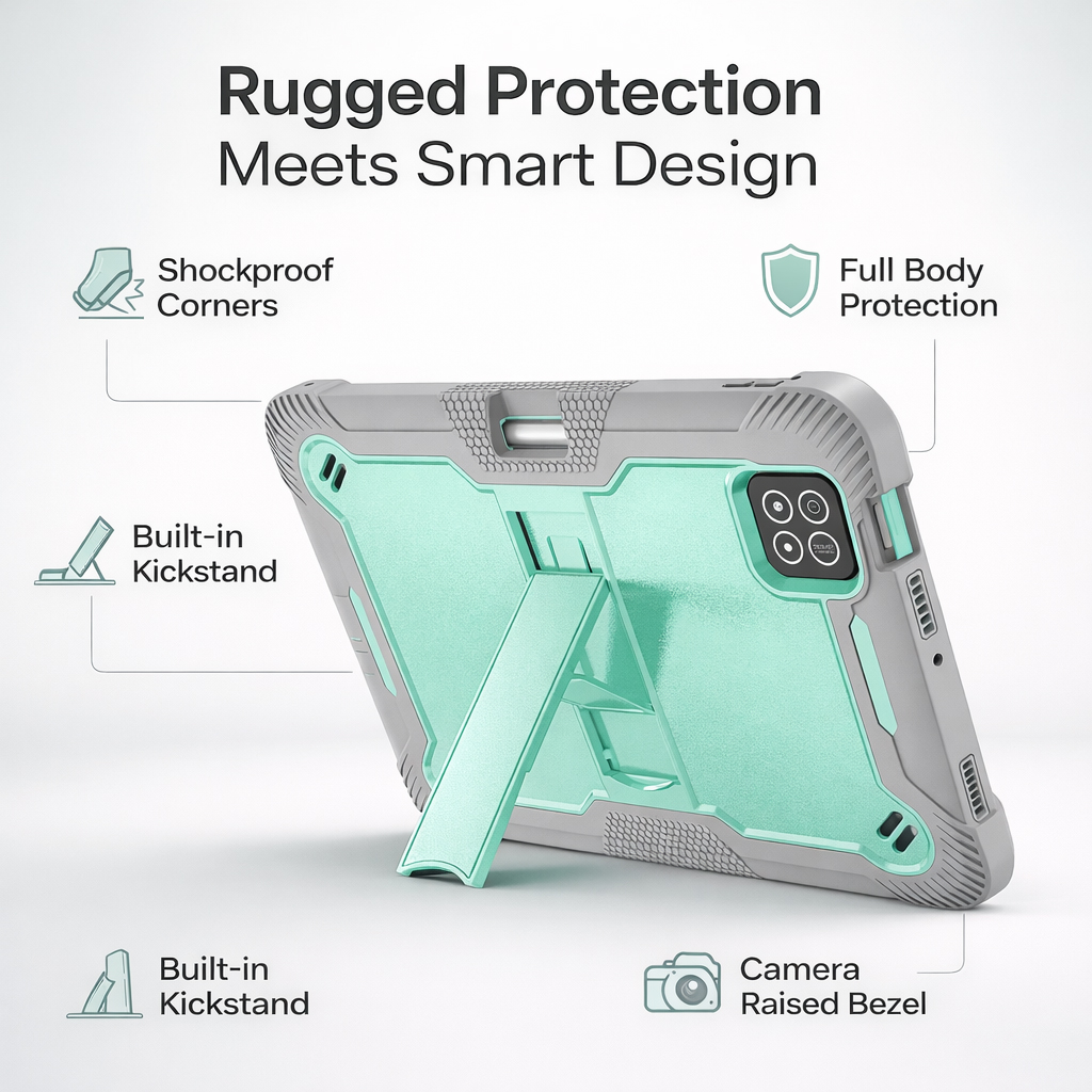 TOZIZO Mint Green Hybrid Tablet Case for Xiaomi Poco X1 – Kid-Safe Rugged Armor with Kickstand