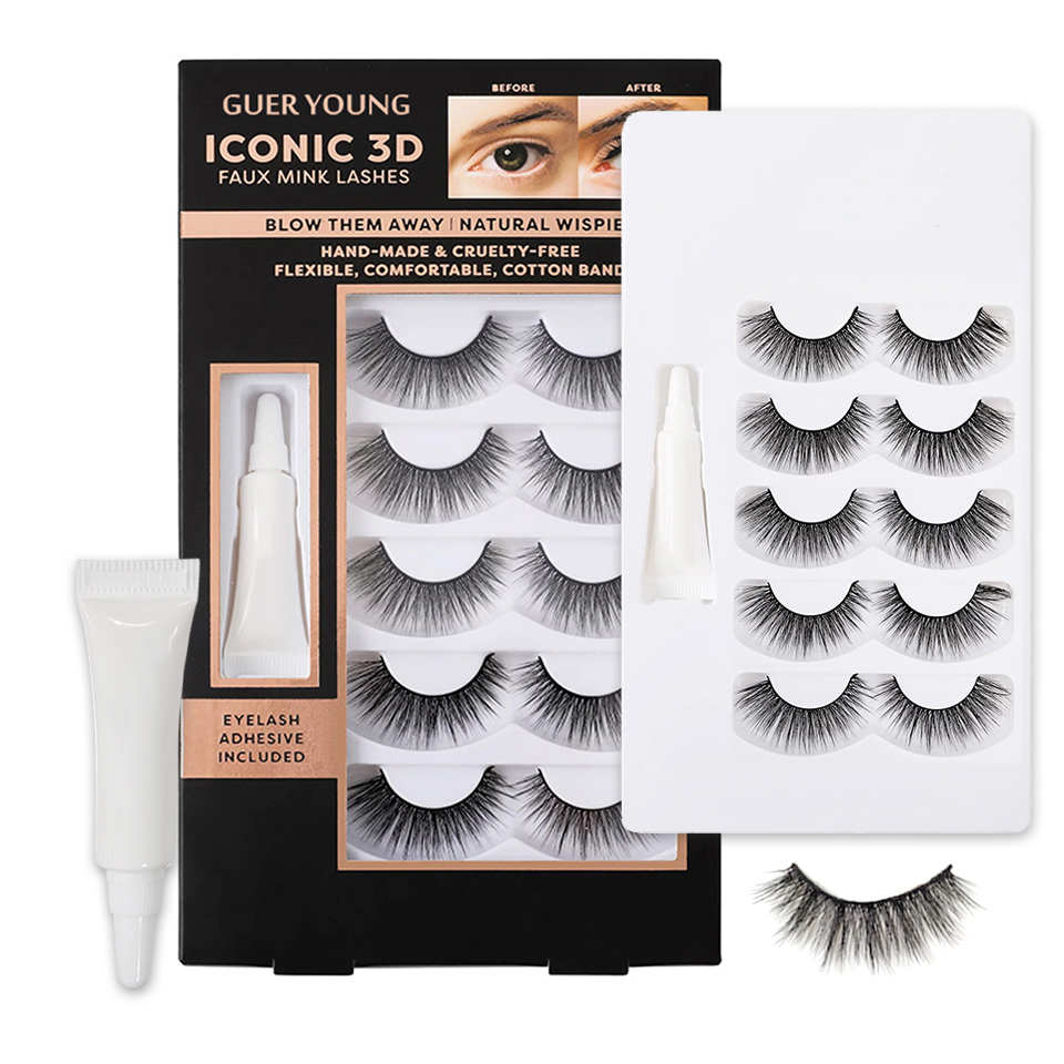 Guer Young Iconic 3D Faux Mink Eyelashes – Cruelty-Free, Handmade, Reusable Lashes with Adhesive (4 Pairs Set)