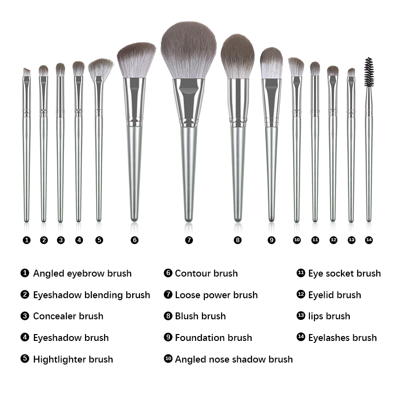 14PCS Professional Makeup Brush Set – Soft Synthetic Bristles, Full Face Application, Silver Handle Kit with Case
