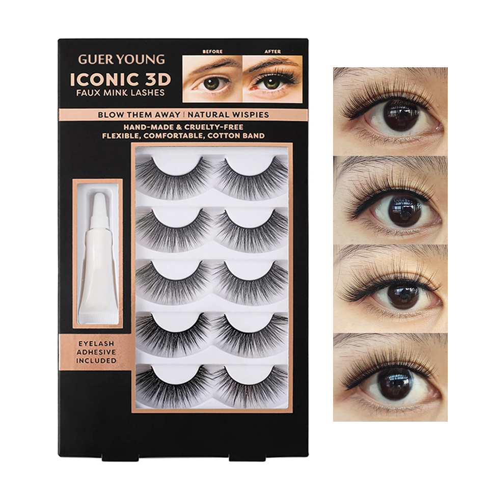 Guer Young Iconic 3D Faux Mink Eyelashes – Cruelty-Free, Handmade, Reusable Lashes with Adhesive (4 Pairs Set)