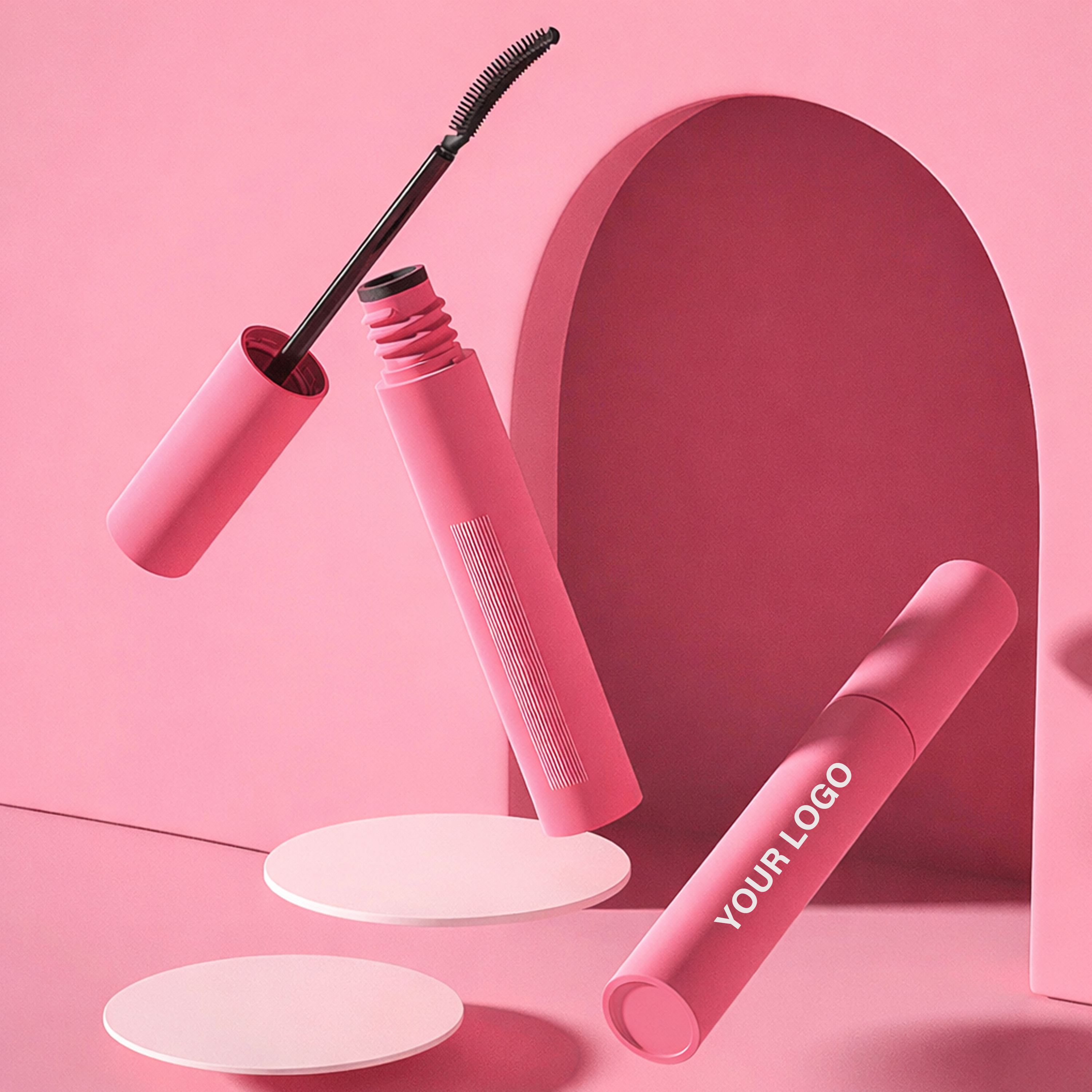 Curved Pink Mascara Tube – Ergonomic Brush for Volumizing & Defining Lashes