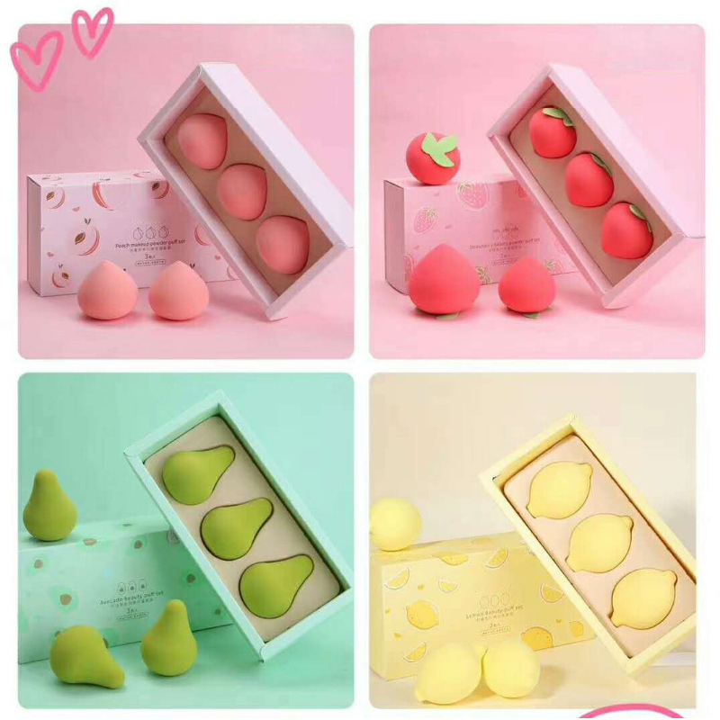 Fruit-Shaped Beauty Sponge Set – 3pcs Soft Non-Latex Makeup Puff (Peach / Strawberry / Lemon / Pear Design)