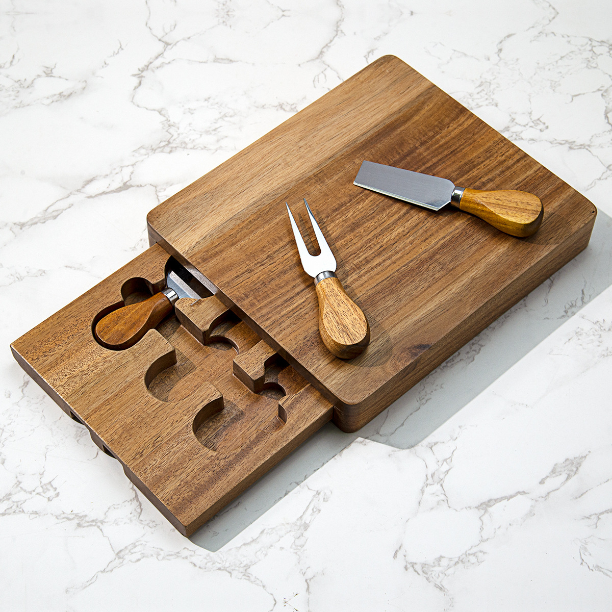 Kitchenware Safe Personalized Acacia Wood Cheese Board with Hidden Drawer and 3 Stainless Steel Knives – Compact Charcuterie Set