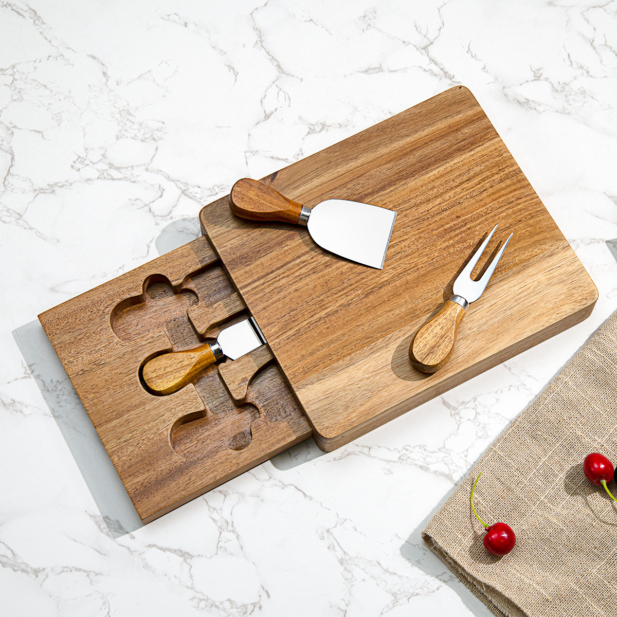Kitchenware Safe Personalized Acacia Wood Cheese Board with Hidden Drawer and 3 Stainless Steel Knives – Compact Charcuterie Set