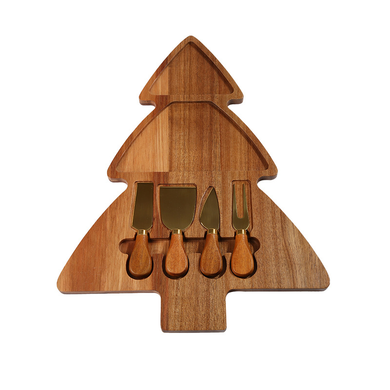 Christmas Tree Wooden Cheese Board Set w