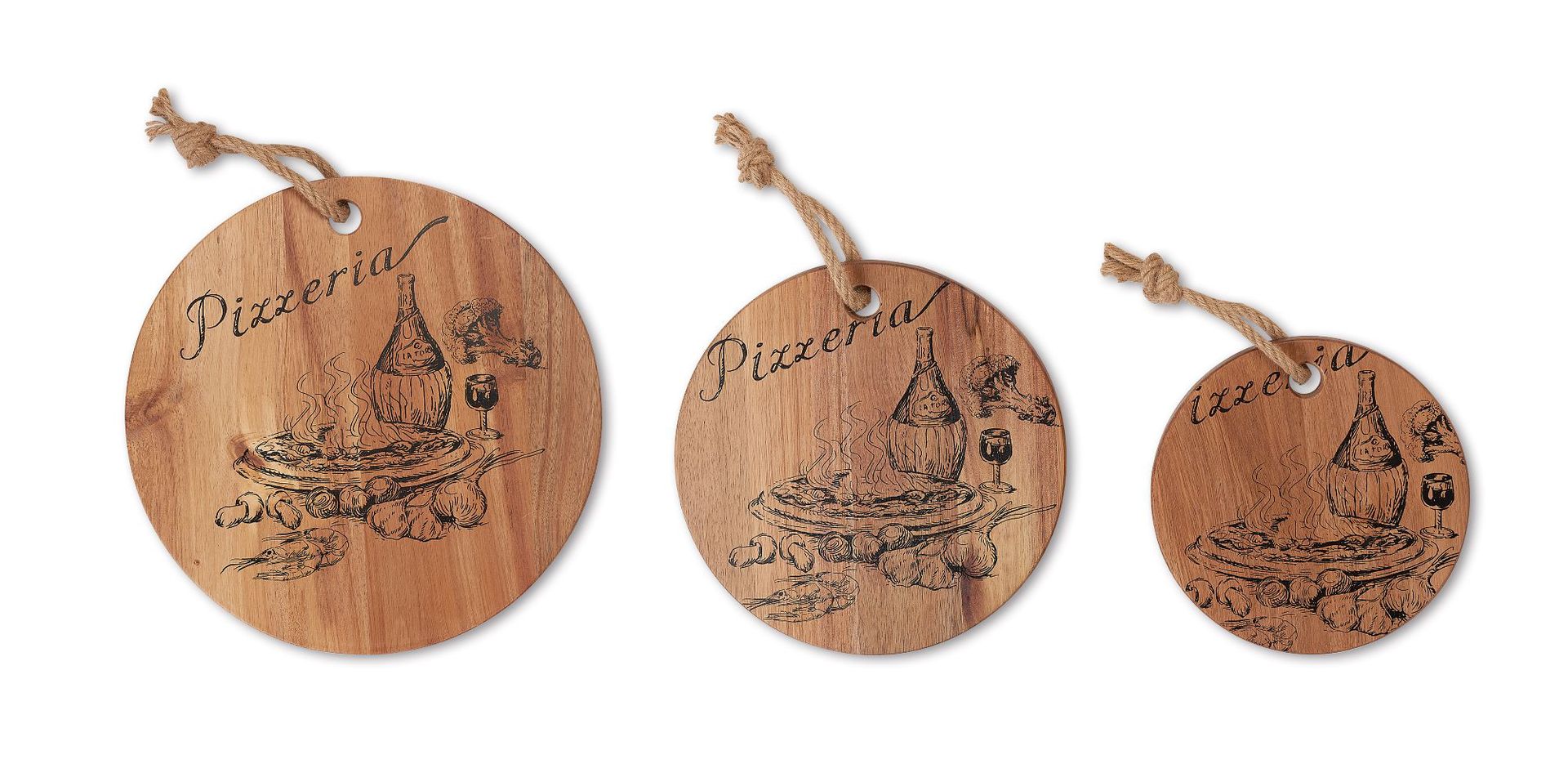 Food-grade Personalized Engraved Round Wood Pizza Board with Hanging Rope – Rustic “Pizzeria” Acacia Cutting & Serving Board