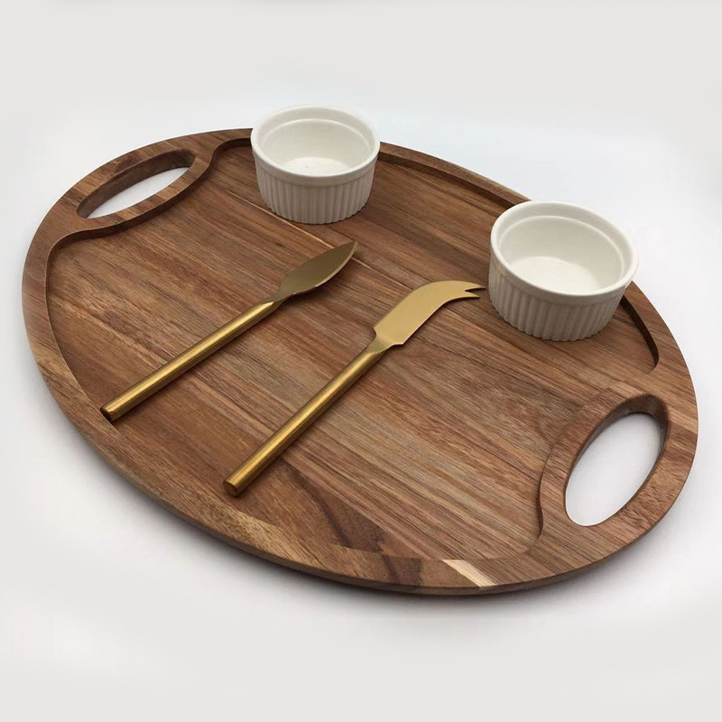 Food Hygiene Standard Customizable  Oval Acacia Wood Serving Tray Set – Includes 2 White Ceramic Bowls & Gold Cheese Knives
