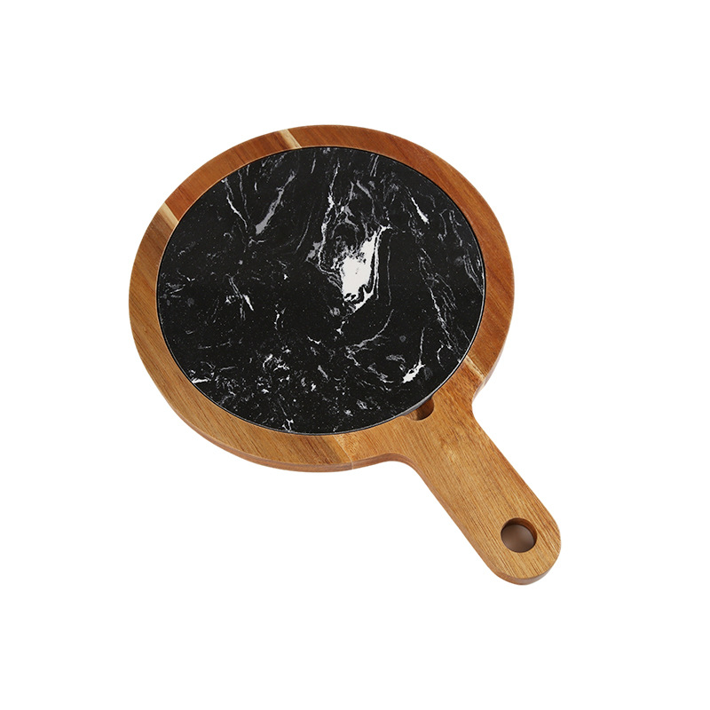 Compostable Material Configurable Round Acacia Wood Serving Tray with Removable Black Marble Slate – 2-in-1 Charcuterie & Pizza Board
