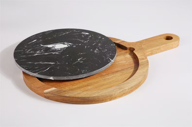 Compostable Material Configurable Round Acacia Wood Serving Tray with Removable Black Marble Slate – 2-in-1 Charcuterie & Pizza Board