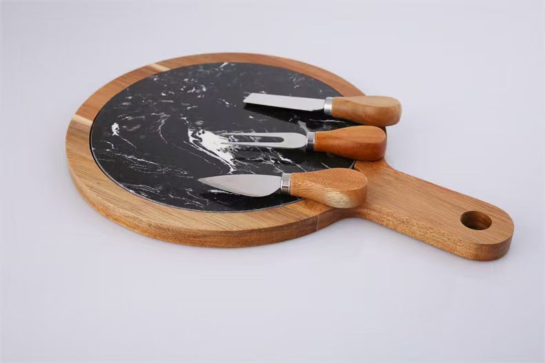 Compostable Material Configurable Round Acacia Wood Serving Tray with Removable Black Marble Slate – 2-in-1 Charcuterie & Pizza Board