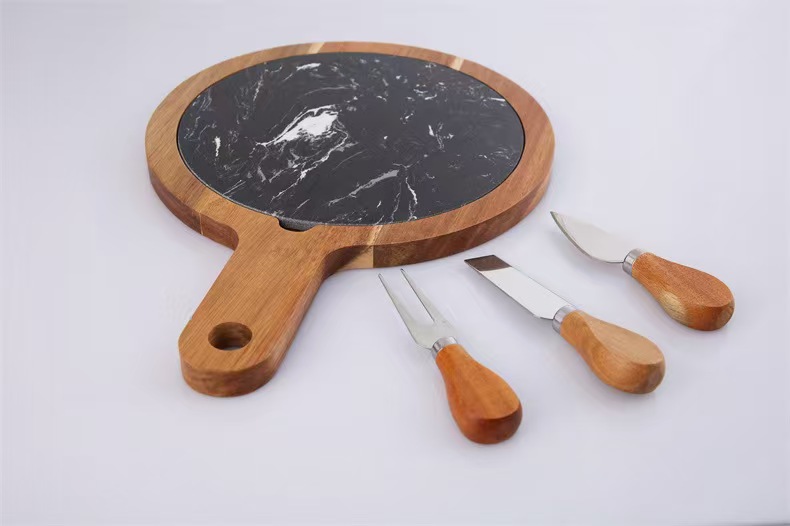 Compostable Material Configurable Round Acacia Wood Serving Tray with Removable Black Marble Slate – 2-in-1 Charcuterie & Pizza Board