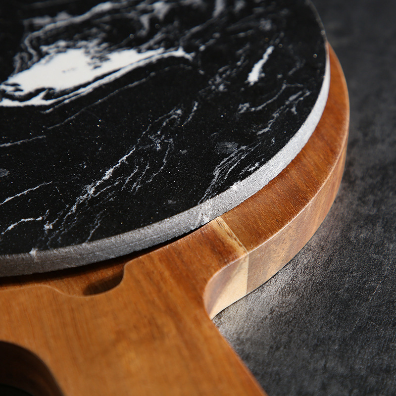 Compostable Material Configurable Round Acacia Wood Serving Tray with Removable Black Marble Slate – 2-in-1 Charcuterie & Pizza Board